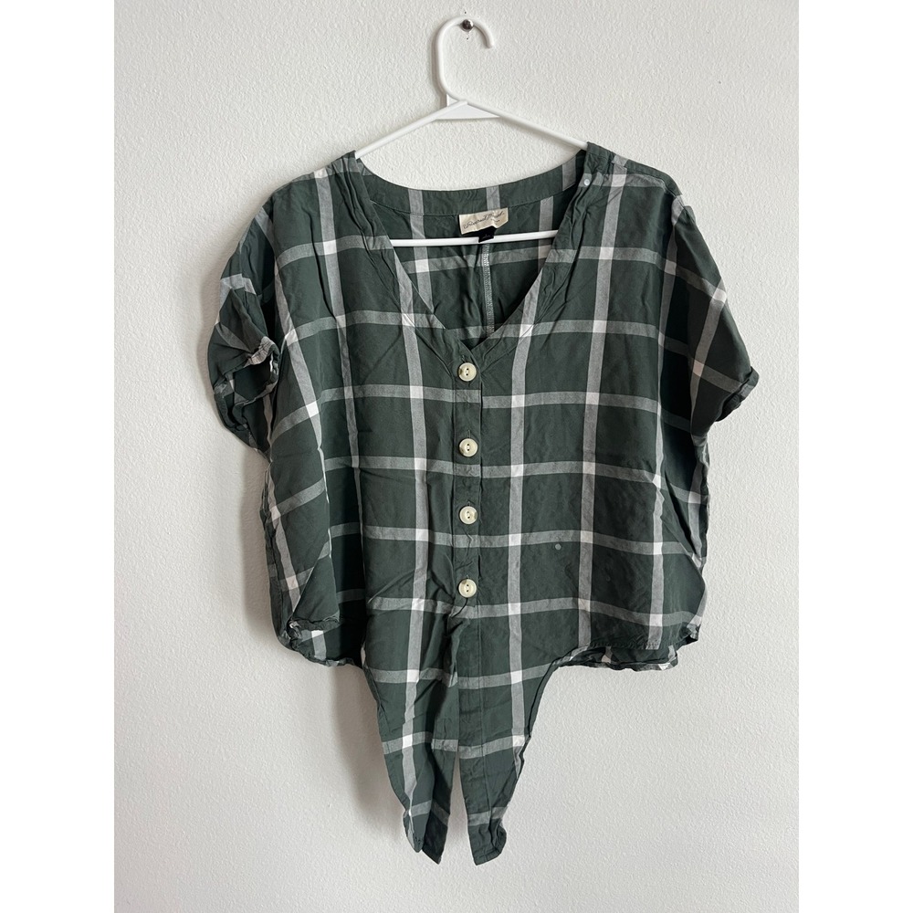 Universal Thread Green Plaid Tie Front Button Up Short Sleeve Blouse Large